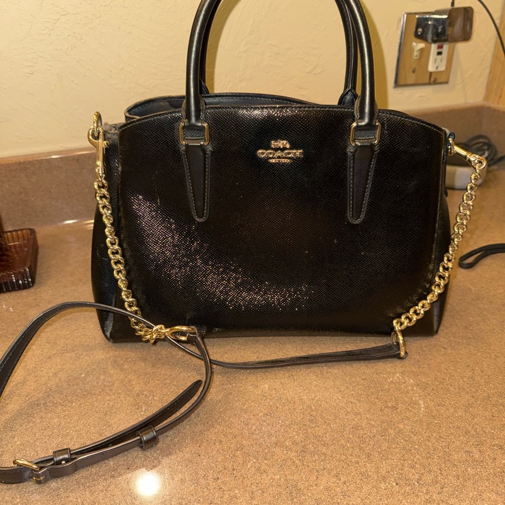 Coach Black Leather Satchel with Gold Chain Strap